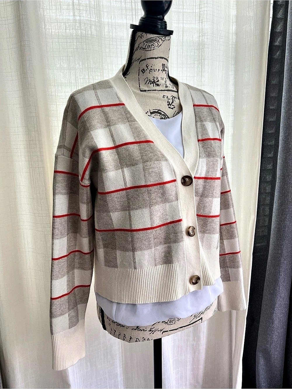 Cyrus Plaid Cardigan in Cream & Red Size Medium - Picture 7 of 8